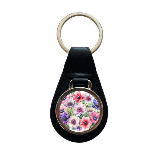 Anemone Flowers Watercolor Black Leather Metal Keychain