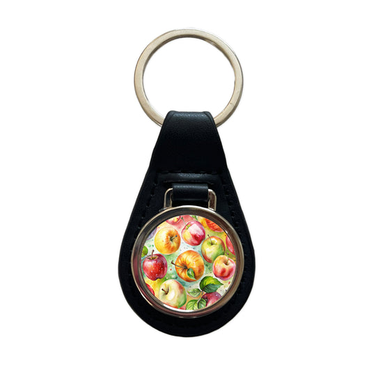 Apples Fruit Watercolor Black Leather Metal Keychain