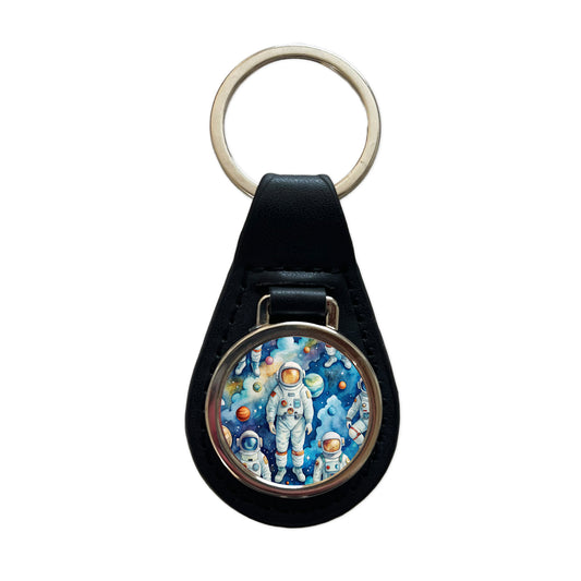 Astronauts In Space Watercolor Black Leather Metal Keychain