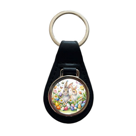 Beautiful Easter Bunnies Rabbits Eggs Flowers Black Leather Metal Keychain