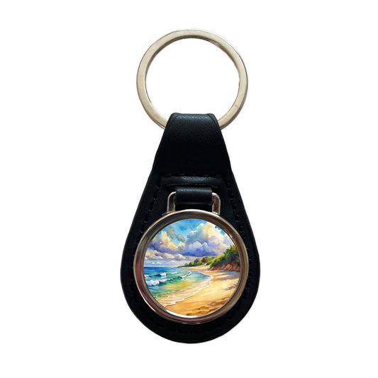 Beautiful Sandy Beach Watercolor Black Leather Metal Keychain