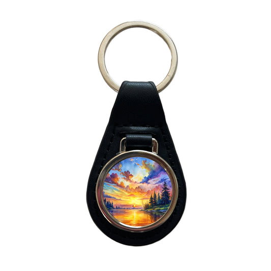 Beautiful Sunrise Watercolor Black Leather Metal Keychain