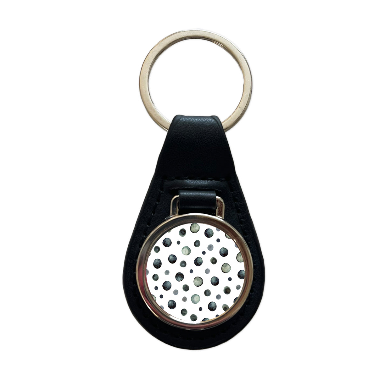 Black Polka Dots Fun White Background Black Leather Metal Keychain