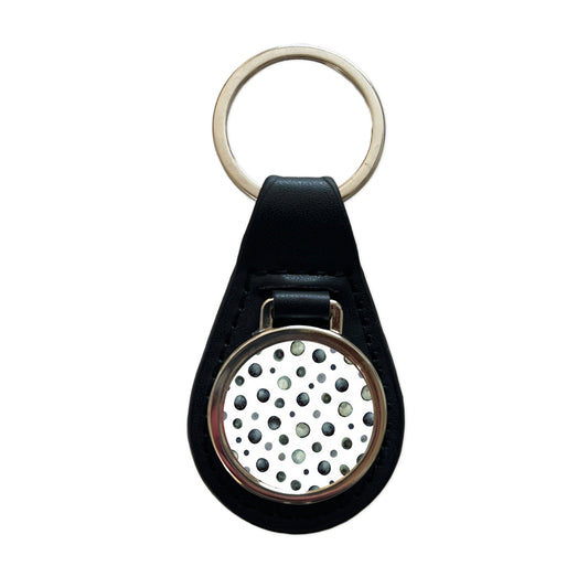 Black Polka Dots Fun White Background Black Leather Metal Keychain