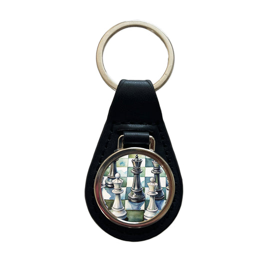 Black White Chess Pieces Watercolor Black Leather Metal Keychain