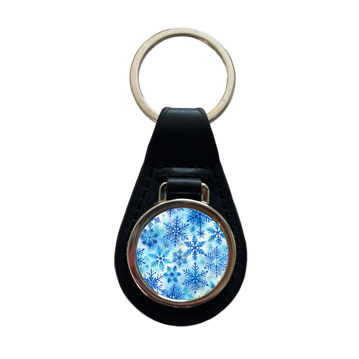 Blue Snowflakes Watercolor Black Leather Metal Keychain