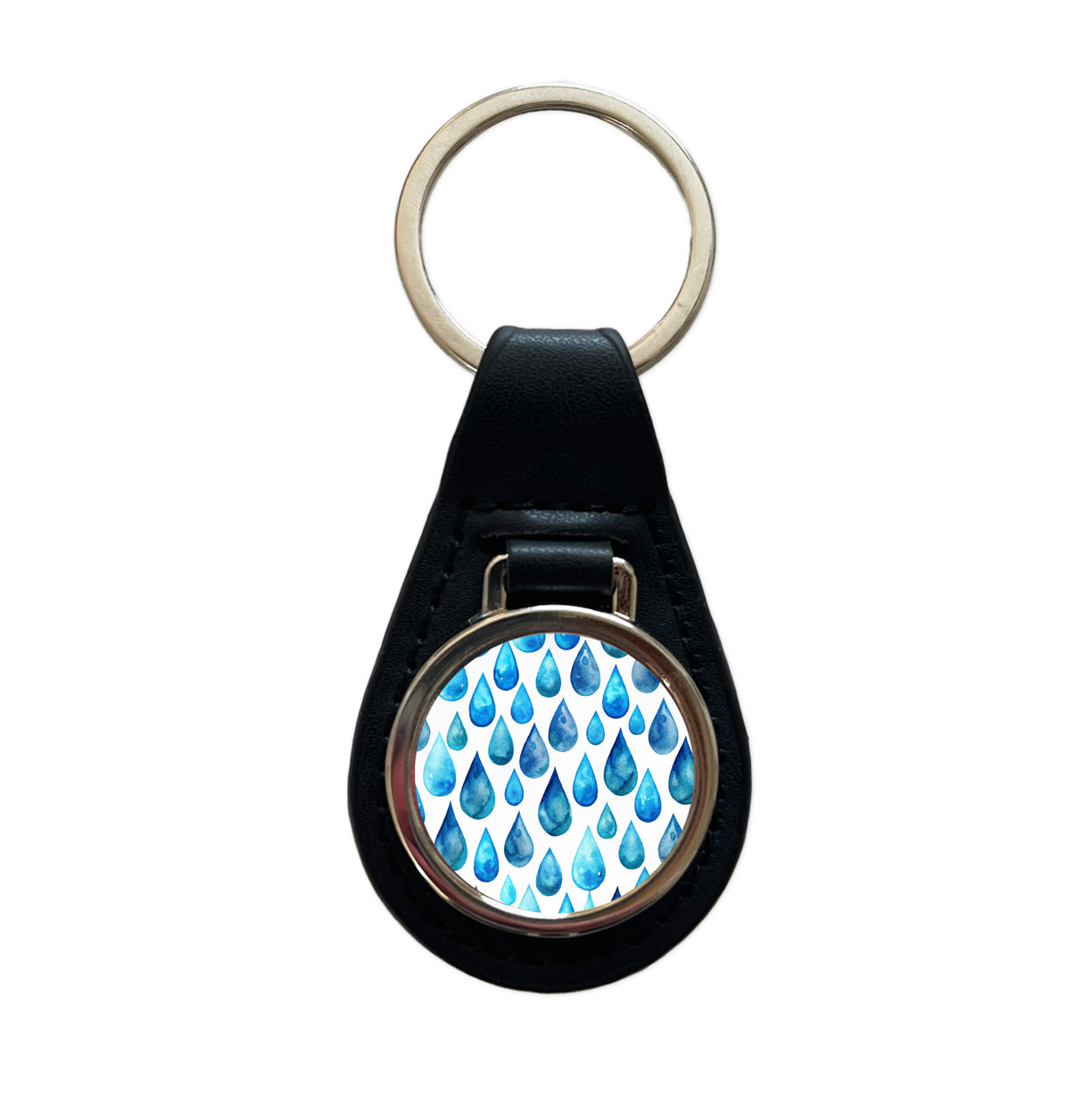 Blue Water Droplets Repeating Black Leather Metal Keychain