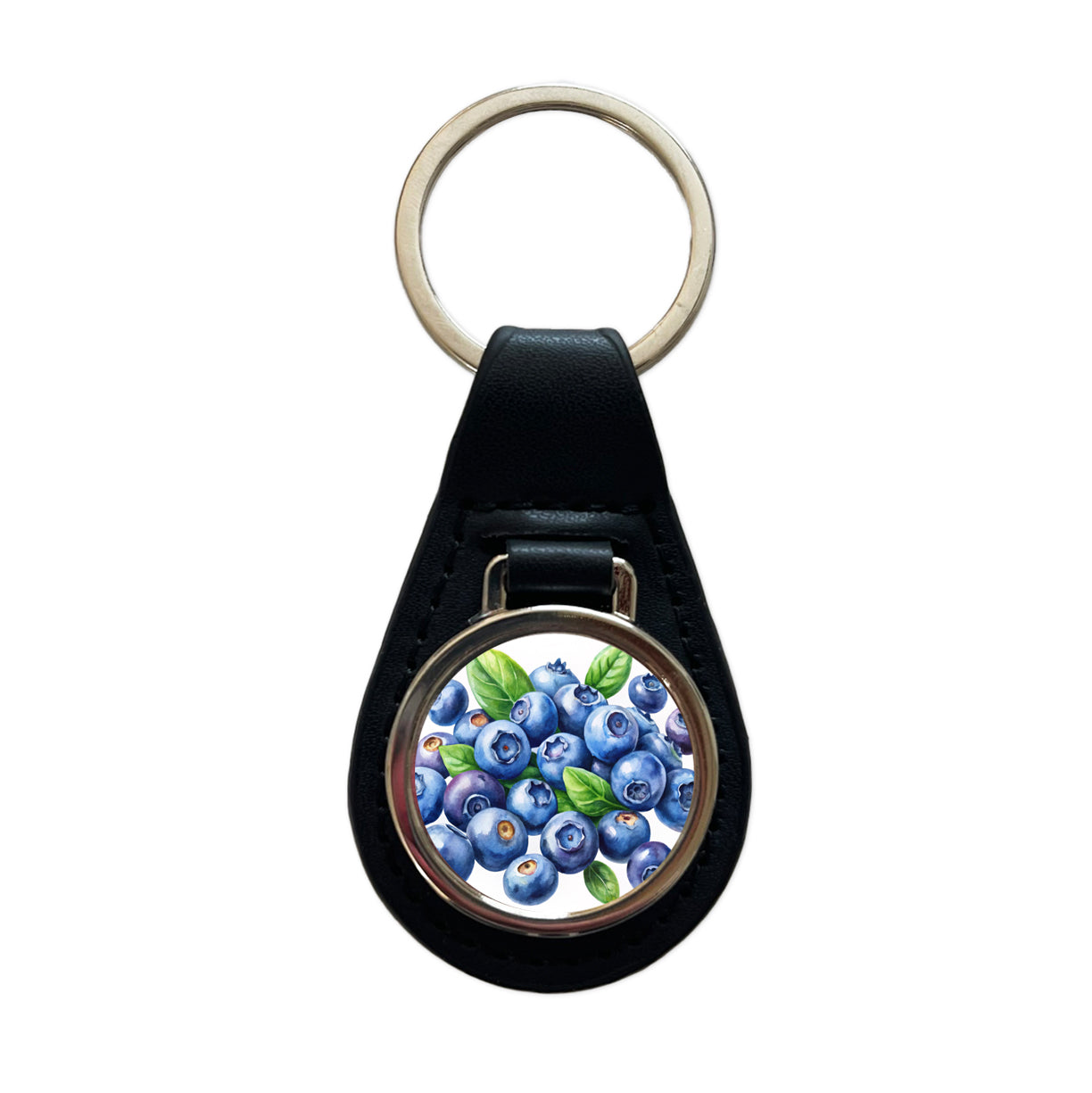 Blueberries Fruit Watercolor Black Leather Metal Keychain