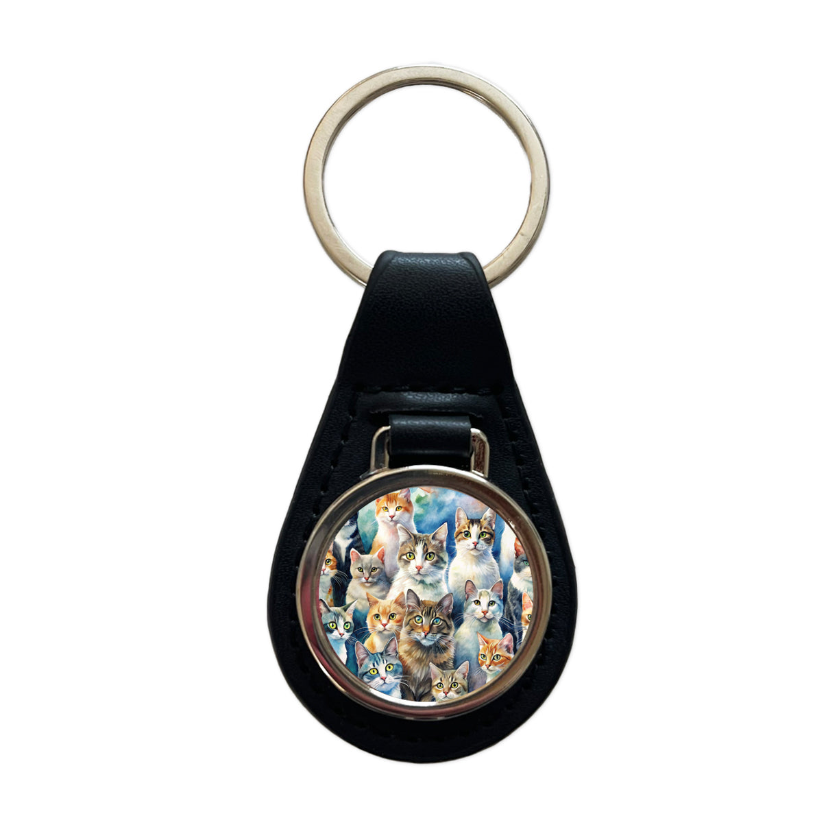 Bunch Of Cats Watercolor Black Leather Metal Keychain