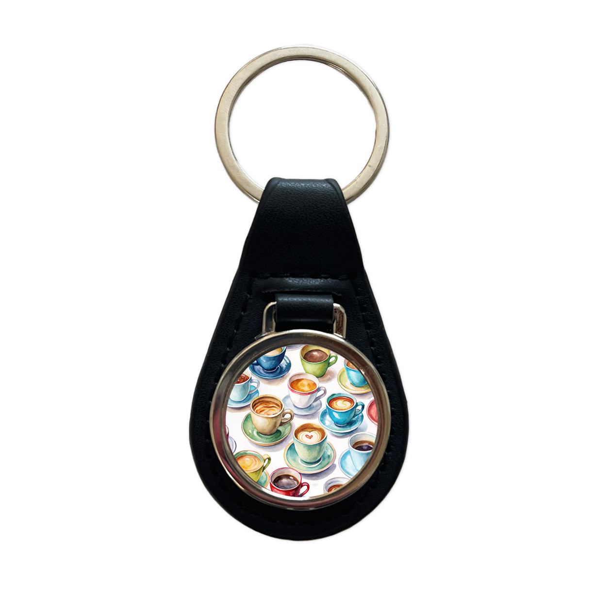Bunch Of Coffee Cups Black Leather Metal Keychain