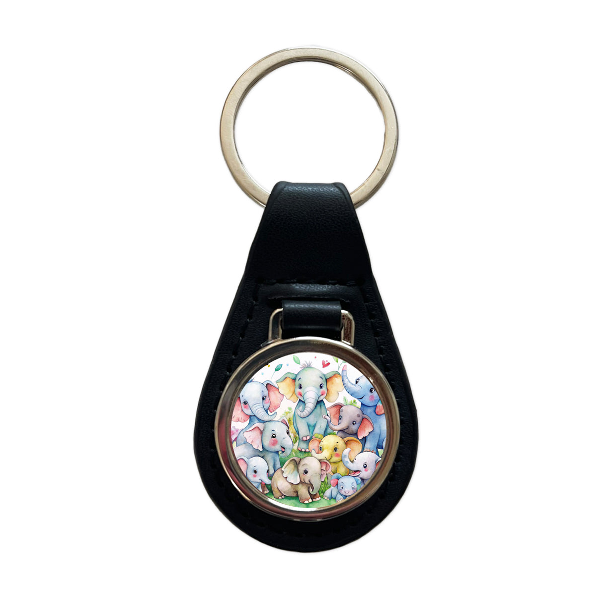 Bunch Of Cute Elephants Watercolor Black Leather Metal Keychain