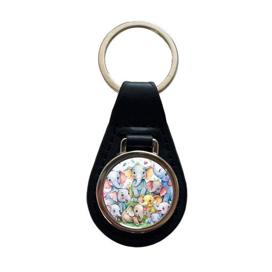 Bunch Of Cute Elephants Watercolor Black Leather Metal Keychain