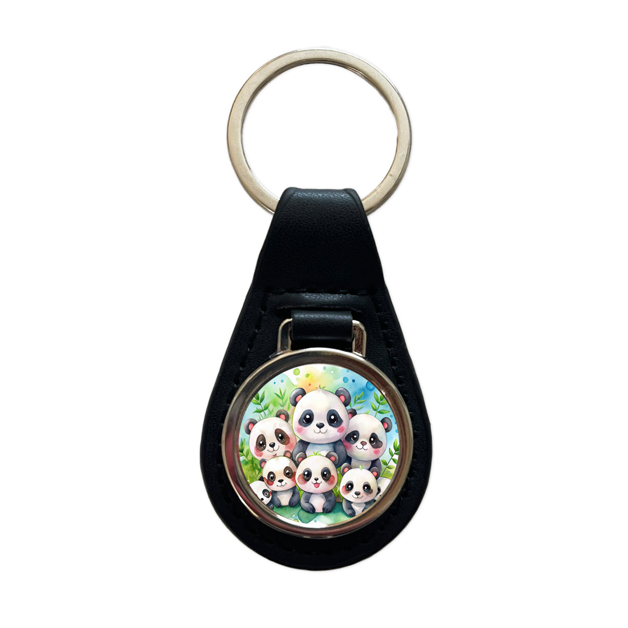 Bunch Of Cute Pandas Watercolor Black Leather Metal Keychain