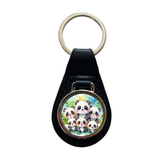 Bunch Of Cute Pandas Watercolor Black Leather Metal Keychain