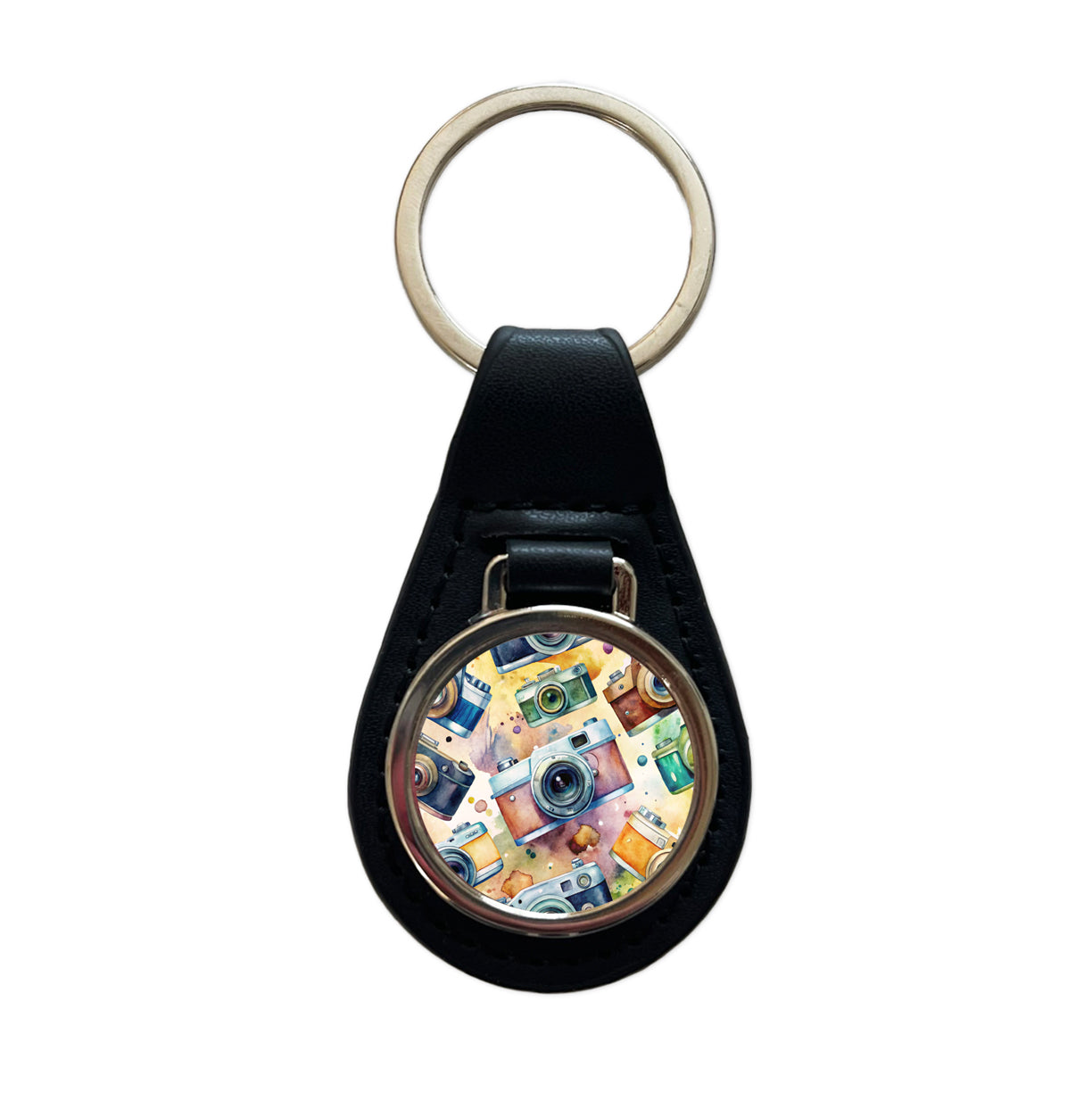 Cameras Retro 35mm Scattered Photographer Photography Watercolor Black Leather Metal Keychain