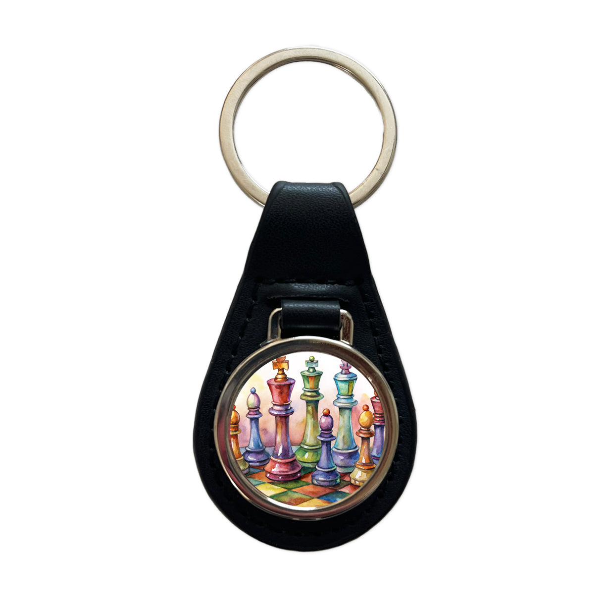 Chess Pieces Colorful Watercolor Black Leather Metal Keychain