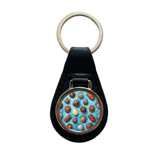 Chocolates Candy Blue Background Watercolor Black Leather Metal Keychain