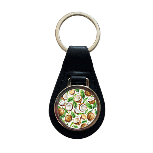 Coconut Pattern Watercolor Black Leather Metal Keychain