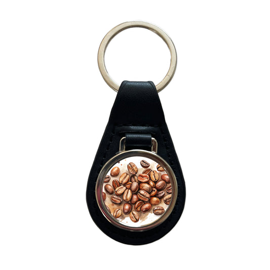 Coffee Beans Watercolor Black Leather Metal Keychain