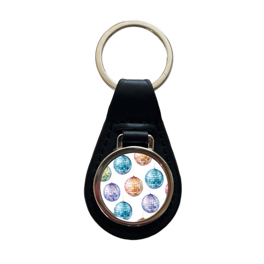 Colorful Disco Balls Black Leather Metal Keychain