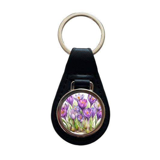 Crocus Purple Flowers Watercolor Black Leather Metal Keychain