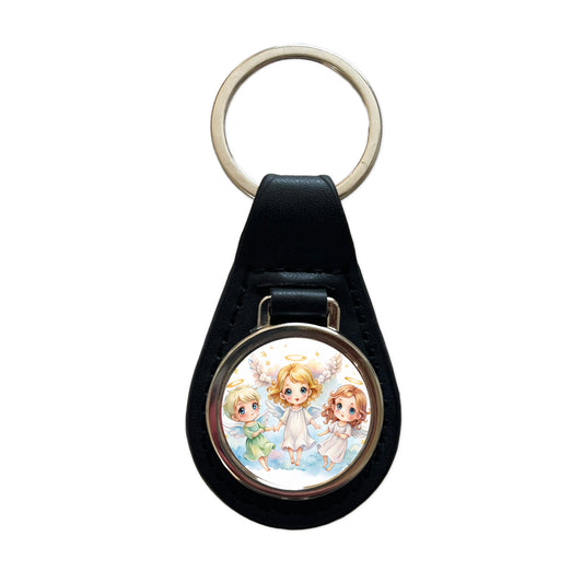 Cute Angels Watercolor Black Leather Metal Keychain