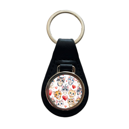 Cute Fun Cats Hearts Watercolor Black Leather Metal Keychain
