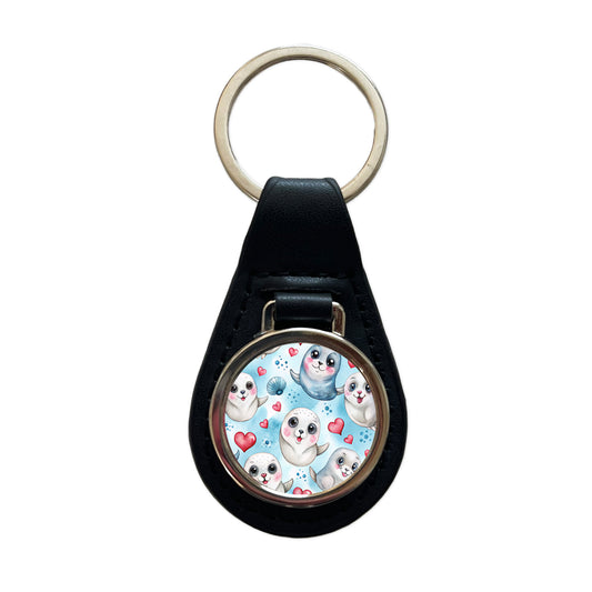 Cute Harp Seals And Hearts Watercolor Black Leather Metal Keychain
