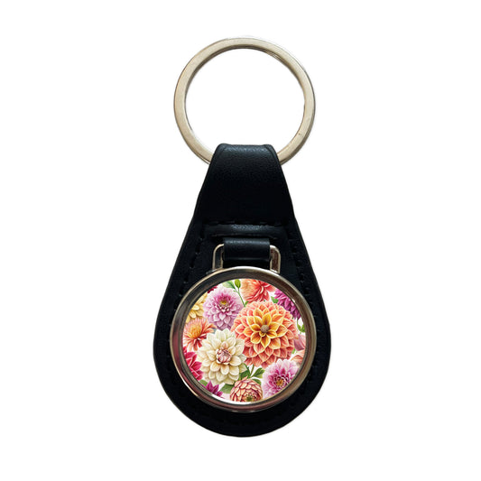 Dahlia Flowers Watercolor Black Leather Metal Keychain
