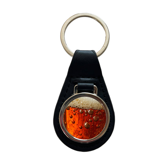 Dark Beer Closeup Foam Top Funny Black Leather Metal Keychain