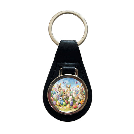 Easter Bunnies Watercolor Black Leather Metal Keychain