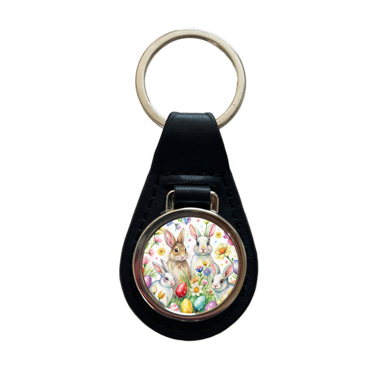 Easter Bunny Rabbit Eggs Flowers Black Leather Metal Keychain