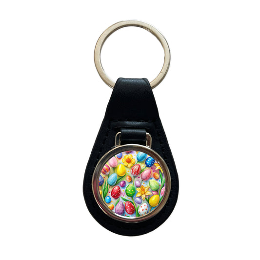 Easter Candy Eggs Flowers Black Leather Metal Keychain