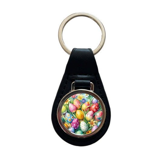 Easter Eggs Flowers Watercolor Black Leather Metal Keychain