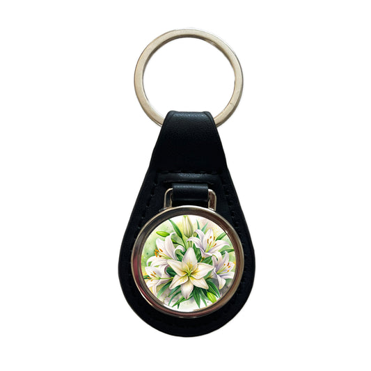 Easter Lily Flowers Watercolor Black Leather Metal Keychain