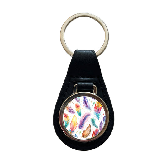 Feathers Watercolor Black Leather Metal Keychain