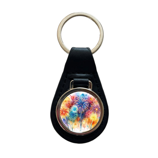 Fireworks Colorful Black Leather Metal Keychain