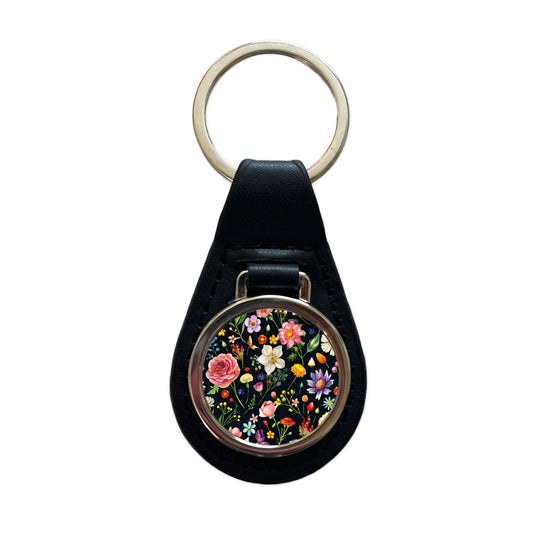 Flowers Black Background Watercolor Black Leather Metal Keychain