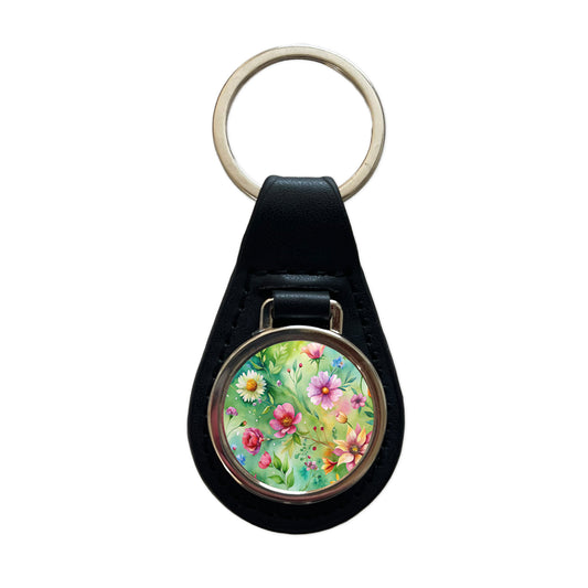 Flowers Green Background Watercolor Black Leather Metal Keychain