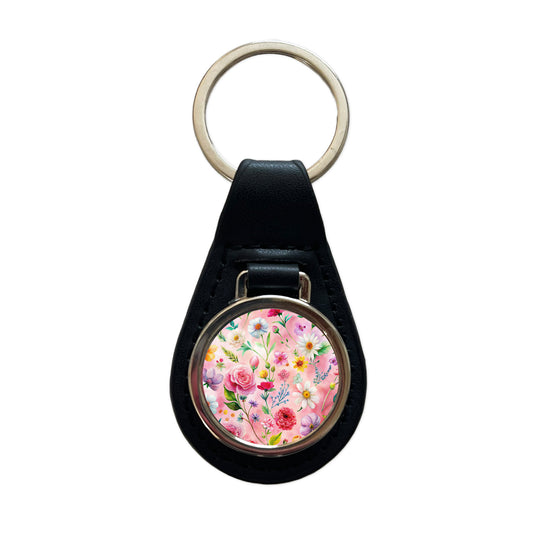 Flowers Pink Background Watercolor Black Leather Metal Keychain