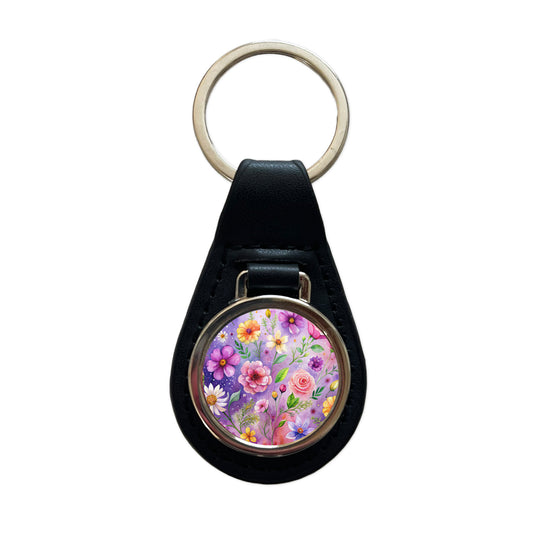 Flowers Purple Background Watercolor Black Leather Metal Keychain