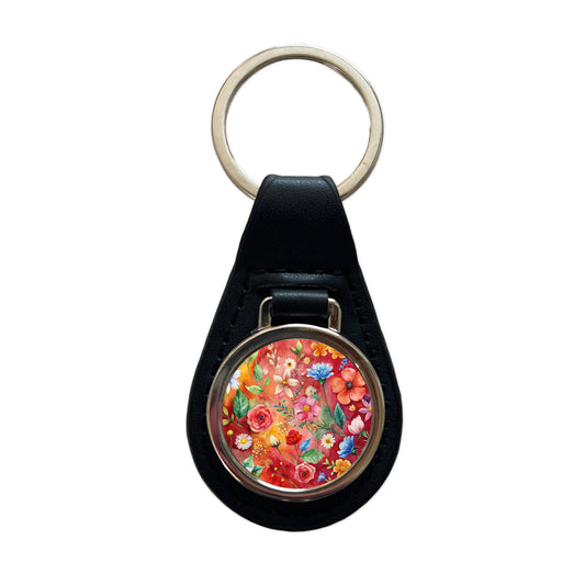 Flowers Red Background Watercolor Black Leather Metal Keychain