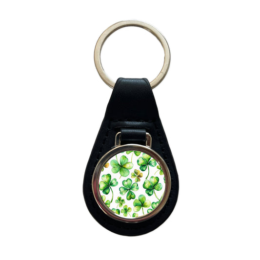 Four Leaf Clovers Ireland St. Patrick's Day Black Leather Metal Keychain