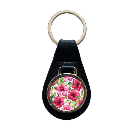 Fuchsia Hibiscus Flowers Watercolor Black Leather Metal Keychain