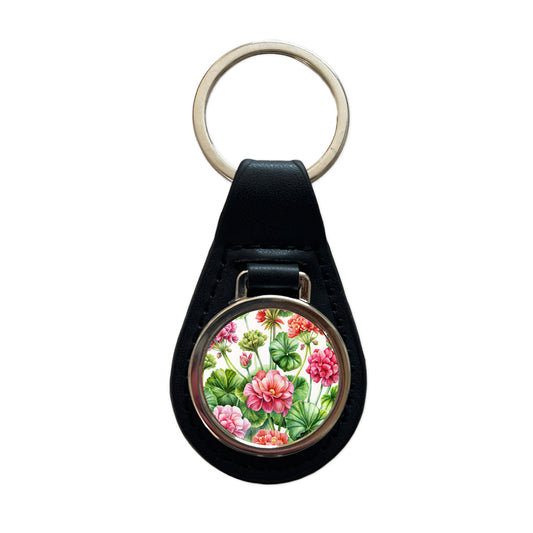 Geraniums Flowers Watercolor Black Leather Metal Keychain
