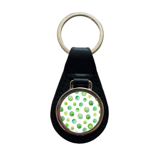 Green Polka Dots Fun White Background Black Leather Metal Keychain