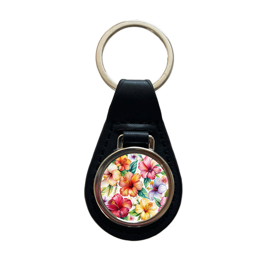 Hibiscus Tropical Flowers Watercolor Black Leather Metal Keychain