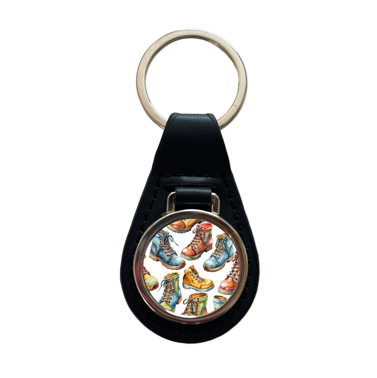 Hiking Boots Hikers Watercolor Black Leather Metal Keychain
