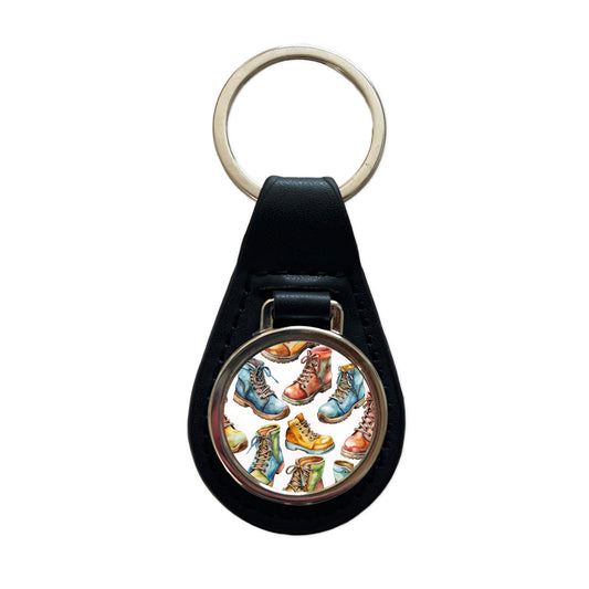 Hiking Boots Hikers Watercolor Black Leather Metal Keychain
