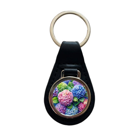 Hydrangeas Colorful Flowers Beautiful Black Leather Metal Keychain